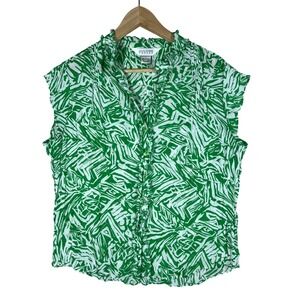 Allison Taylor RETRO Green White Abstract‎ Sleeveless Ruffle Button Up Blouse L